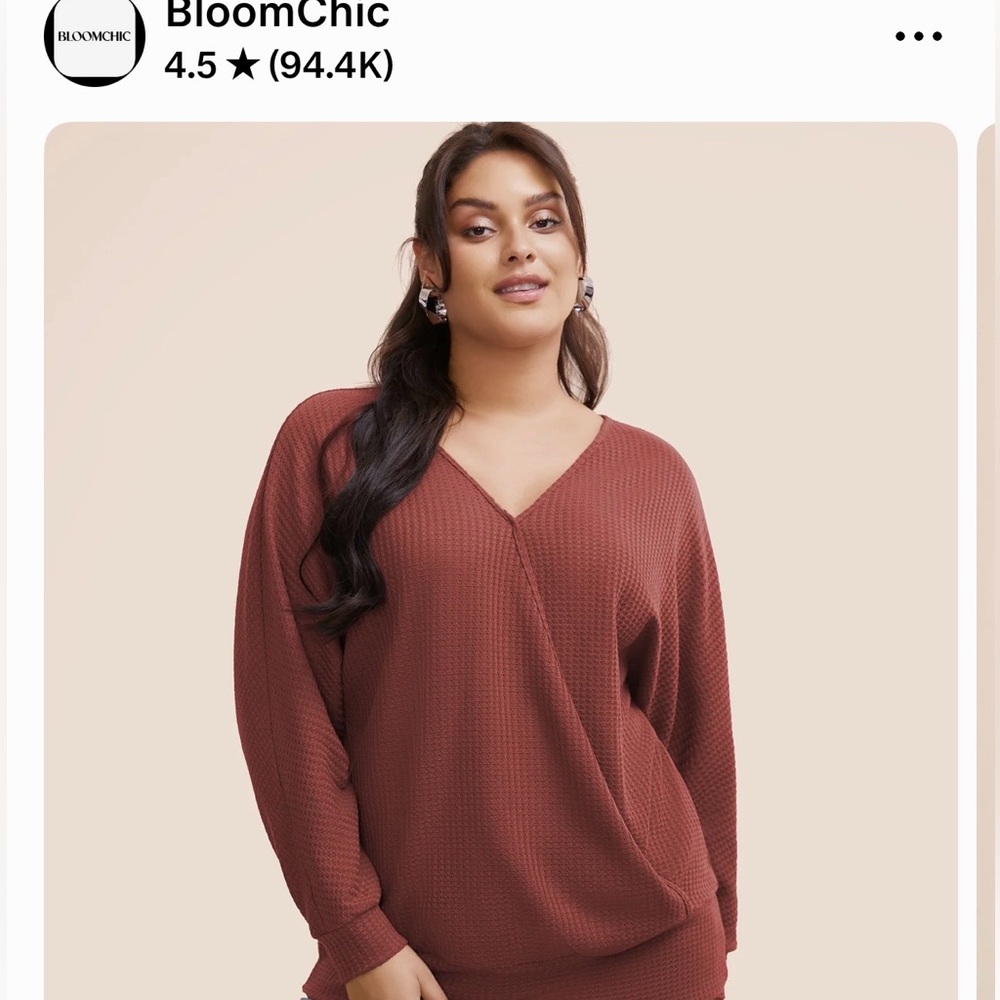 BloomChic V-Neck Waffle Knit Pullover - Rust Brown